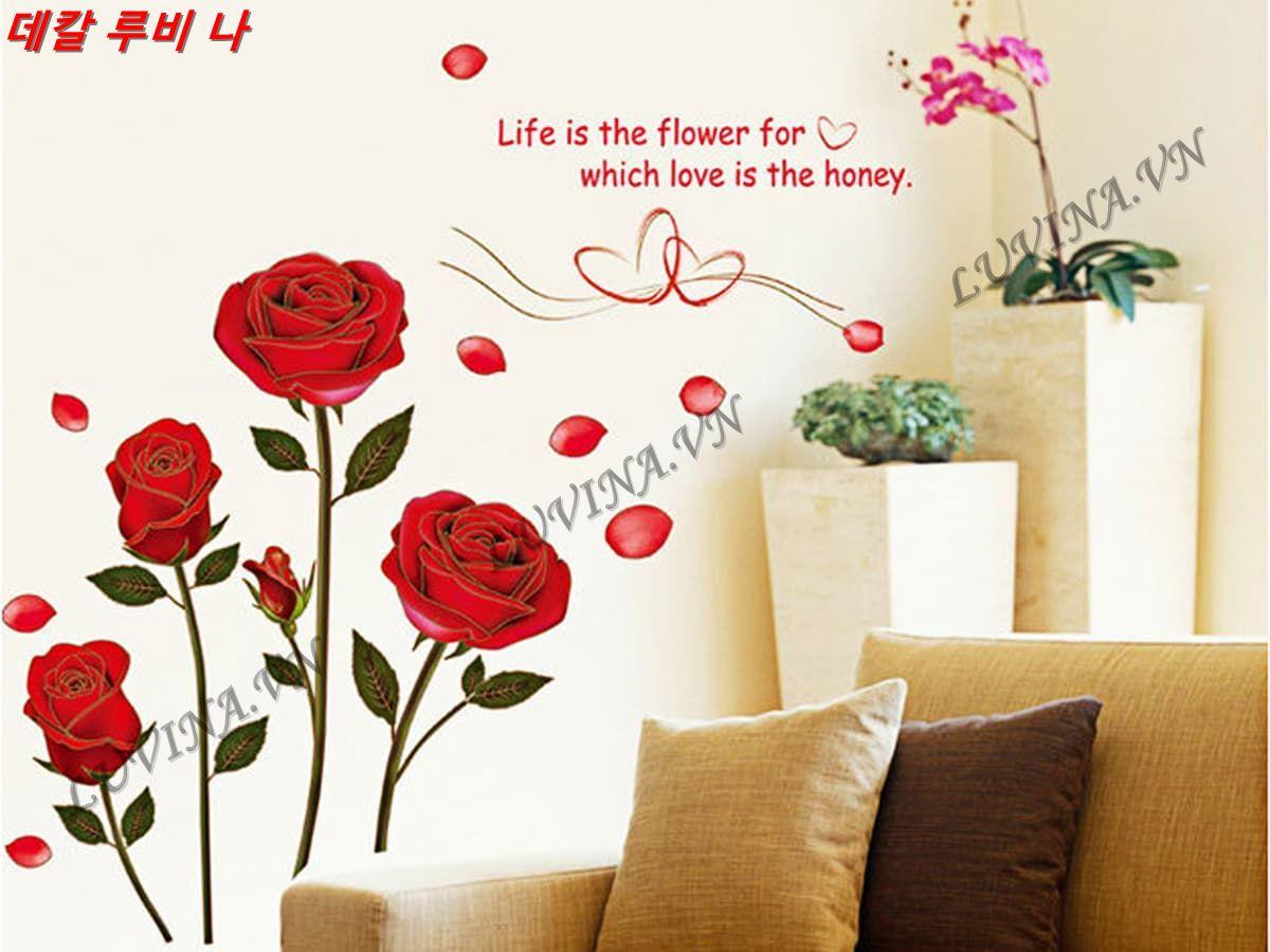 DECAL TRANG TRÍ CỤM HOA HỒNG ĐỎ