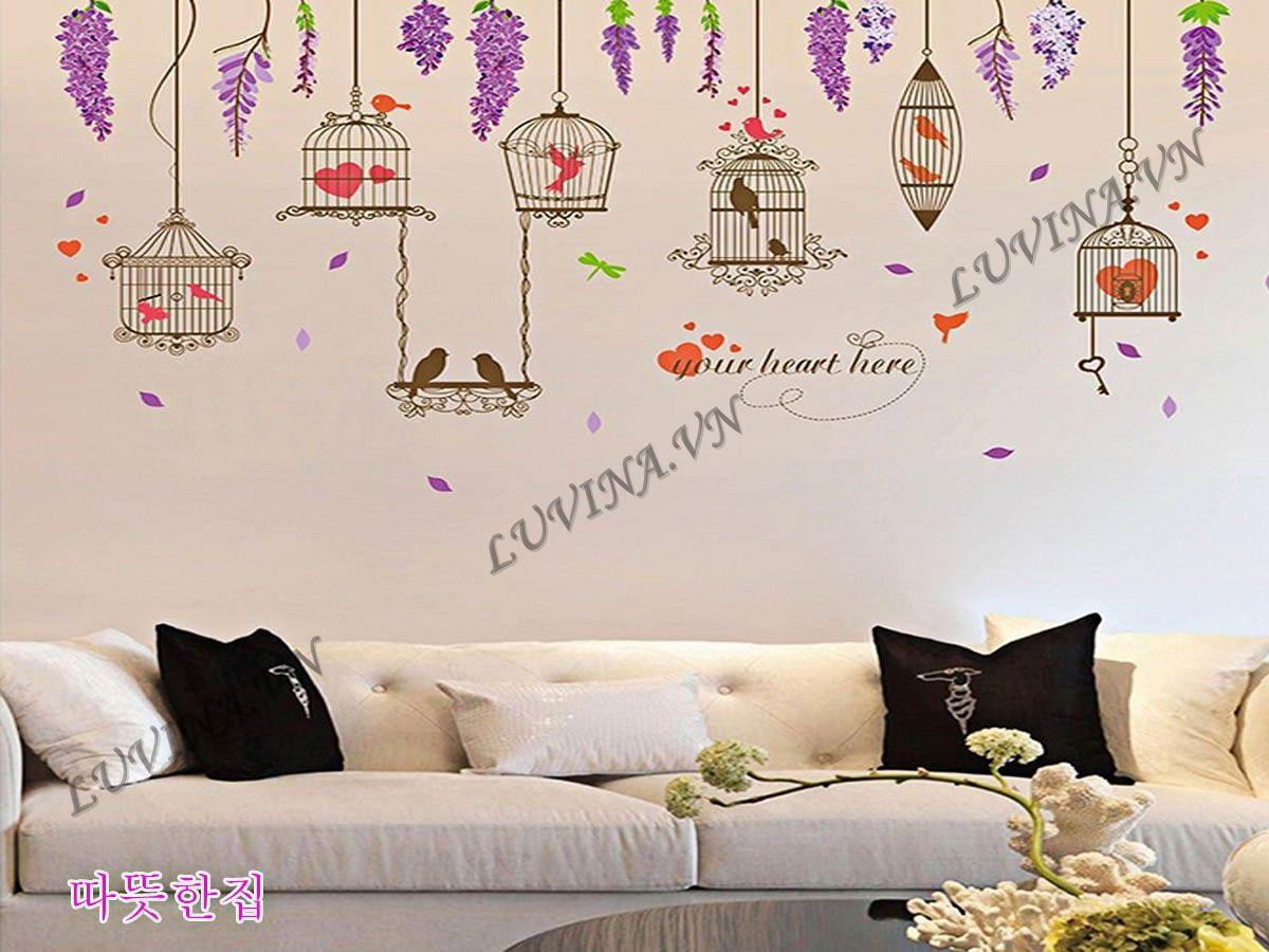 DECAL TRANG TRÍ LỒNG CHIM VÀ TÁN HOA TÍM
